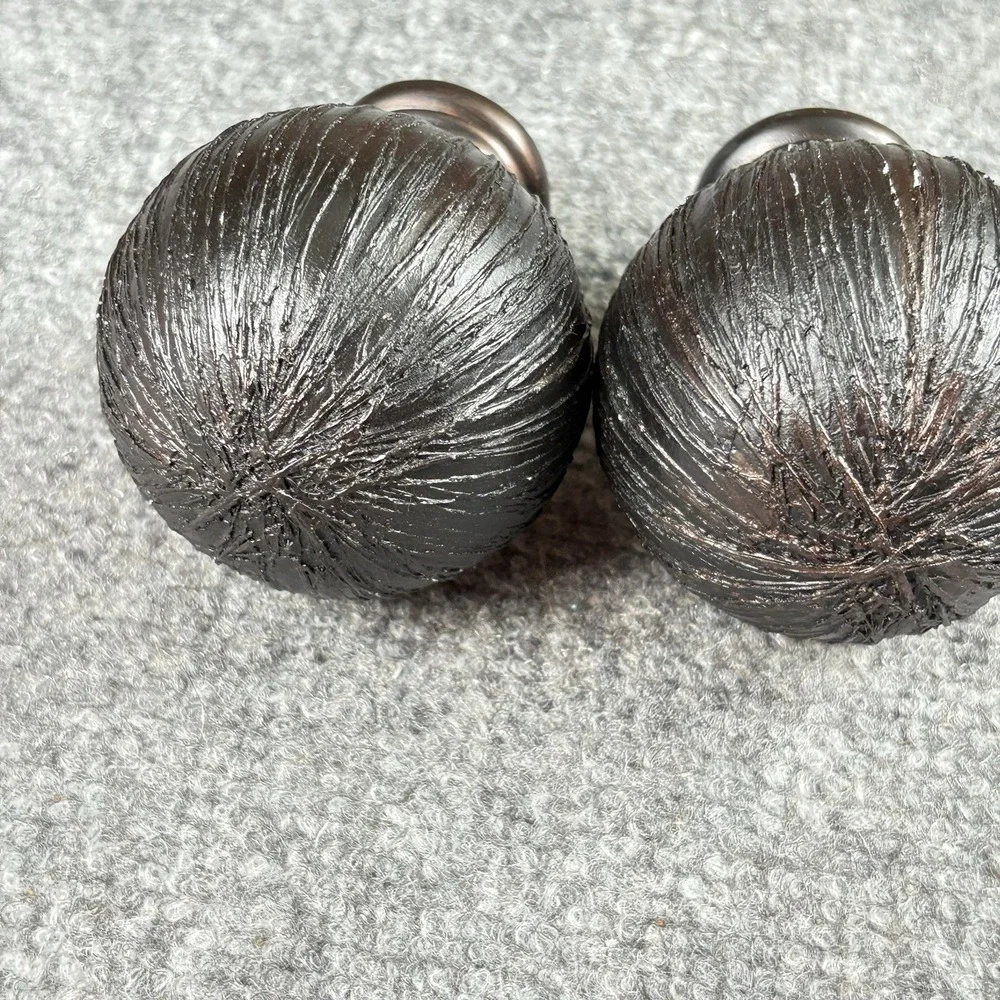 90s Ball-Shaped Curtain Rod Finials Pair of 2 Black‎ Bronze Striated Texture VTG